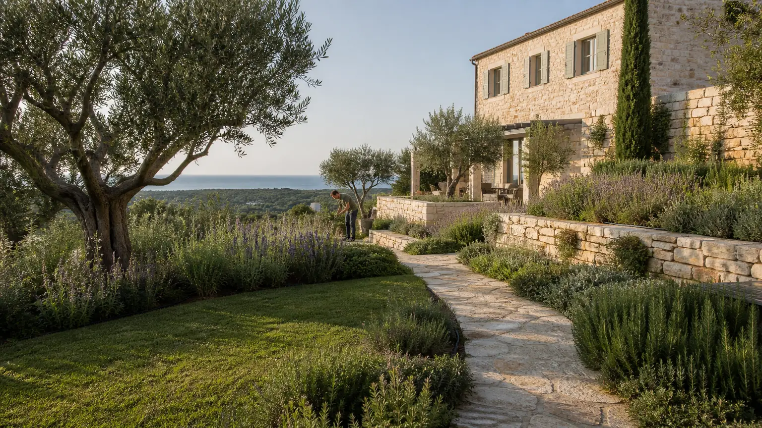 Kompletno uređen mediteranski vrt uz kamenu vilu u Poreču